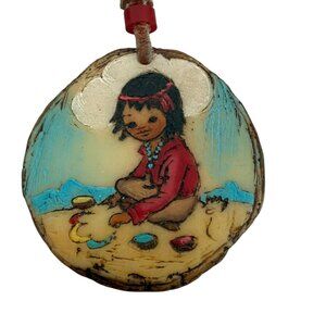 Hand painted JAMA pendant Leather Cord/ Native American NA Southwest 70S child